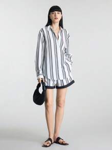 Ontre 2025 年夏季女装，拼色条纹，都市时尚夏季休闲衬衫和短裤套装，适合独立日、圣约翰节、通勤、办公室、茶会、日常穿着 - 黑與白 - 查看 3