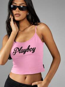 Missguided x Playboy 标志性手写徽标吊带短款上衣复古风格夏季节日弹力背心无袖时尚 - 粉色 - 查看 4