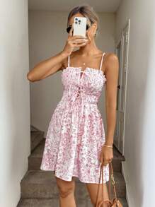 Easowa Gerüschte Vorderseite, Schleife-Rücken, ausgeschnittenes, gerafftes A-Linien-Kleid mit Blume Muster, Vintage romantischer, legerer Urlaubs-Eleganz Sonntagskleid - Verschiedenfarbig - Übersicht 3