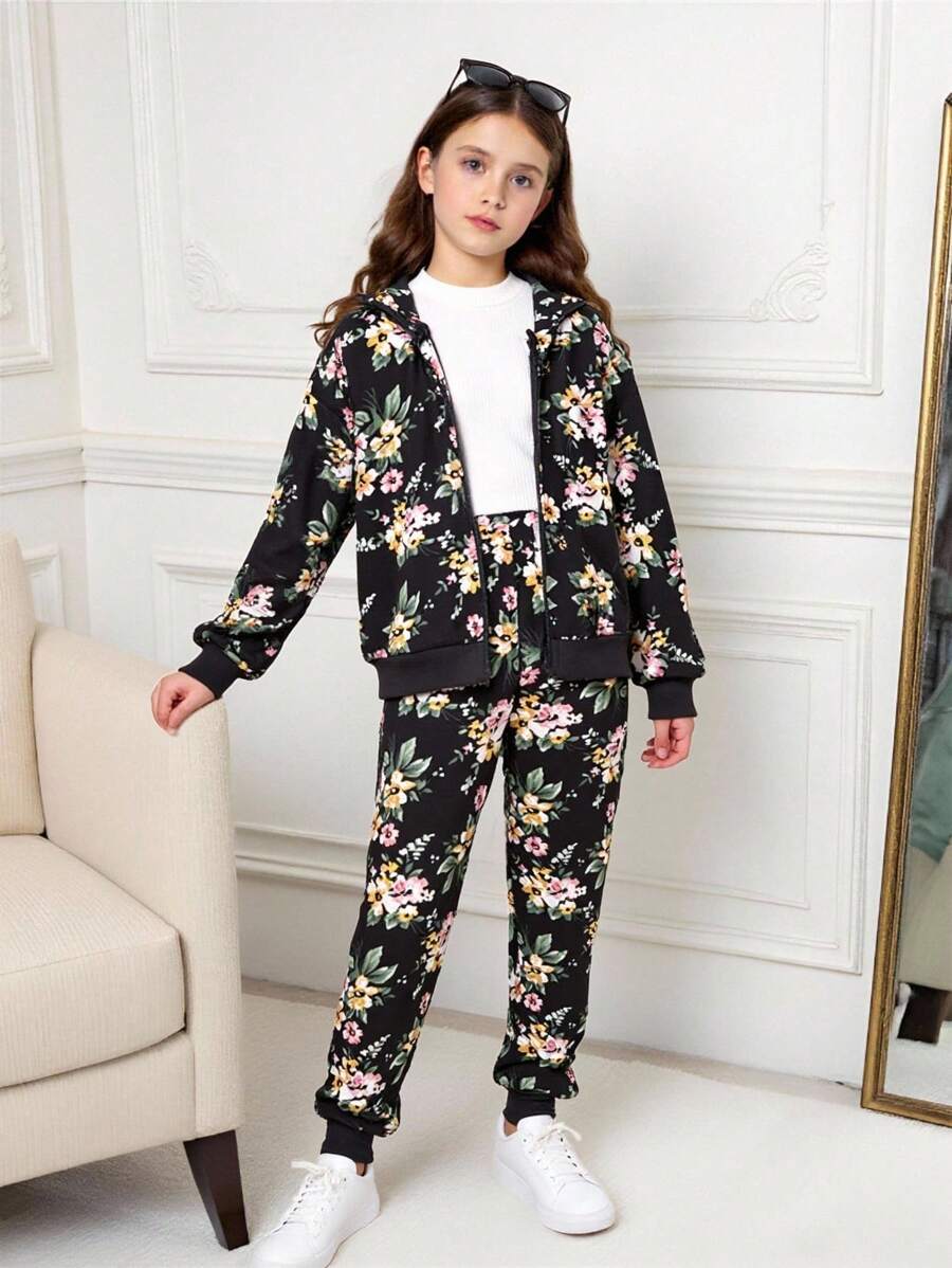 SHEIN Tween Girl Floral Print Drop Shoulder Hoodie & Sweatpants - Multicolor - View 1