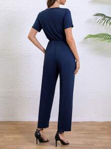 SHEIN Summer Casual Solid Color Short Sleeve Jumpsuit - Navy Blue - View 2