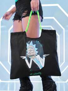 Rick and Morty X SHEIN 1pc Cute Cartoon Character Patterned Drawstring Tote Bag Made Of Polyester Material, Large Capacity, Suitable For Commuting, Shopping, And Traveling, Suitable For Both Ladies And Gentlemen, The Bag Can Be Folded For Easy Storage And Convenient Carrying For Beach - Black - View 3