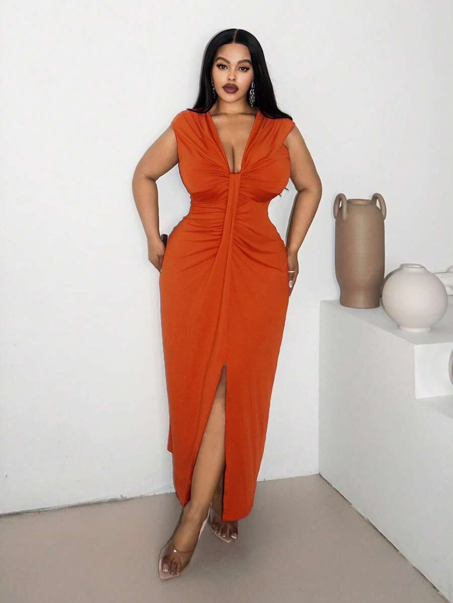 Maweii オレンジ色の大きいサイズセクシーでエレガントなバケーションドレス - オレンジ - チェックする 1