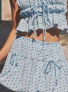 WESTFADE Floral Gingham Tie Front Cami Top & Bow Mini Skort Women Two Pieces Matching Set Nashville Country Western Concert Outfit - Blue and White - View 5