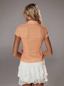 TRNVIE 春夏新款休闲橙色度假女士格子蝴蝶结裹身交叉柔软短袖衬衫 - 亮橙色 - 查看 2