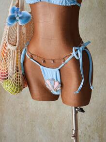 SHEIN ICON Ensemble de maillot de bain bikini deux pièces sexy avec décoration de coquillage et lien licou pour femmes, tenue pour le 4 juillet - Bleu azur - Voir 7