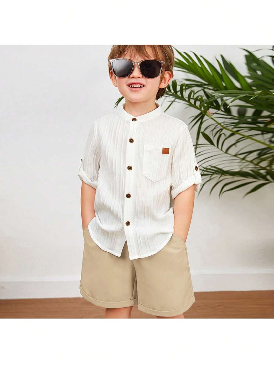 Loomiva 男童休閒和校園風格舒適透氣襯衫捲袖和短褲套裝