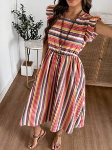 EMERY ROSE Women Summer Stripe Round Neck Cap Sleeve Casual Long Dress - Multicolor - View 5