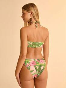 CAJUNI 2pcs/Set Women's Boho Tropical Banana Leaf Print Halter Beach Bikini Top And Bottoms, Summer - Multicolor - View 2