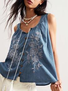 Bohemela Boho Denim Country Style Vintage Casual Western Cowboy Rose Embroidered Pattern Woven Denim Vest Boho Tops For Women