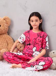 SHEIN 補間女童寬鬆休閒卡通圖案圓領寬鬆短袖寬長褲兩件套家居服 - 玫紅色 - 查看 6