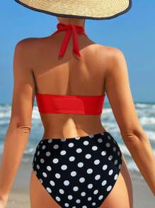 Swim Lushoire Summer Beach Vacation Polka Dot Print Cross Front Halter 2 Pieces Set, Popular High