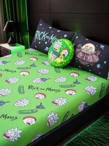 Rick and Morty X SHEIN 1pc Cartoon Cucumber Pattern Green Fitted Fitted Sheet, Soft Breathable And Warm Material, Suitable For Different Bed Sizes