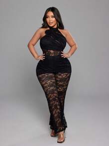 SHEIN LUNE Macacão Plus Size Halter Renda Vazado Floral Elegante Sexy - Preto - Ver 5