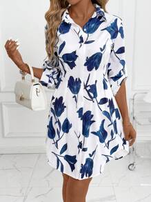SHEIN Clasi Women's New Floral Print Collared Long Sleeve Short Dress, Versatile For Commute, Daily Wear, Outing - Blue & White Teacher Outfits For Women Dresses For Women Summer Dresses For Women Teacher Outfits For Women  Fall Women Clothes Country Outfits Women Fall Women Clothes Back To School  Old Money Style Women