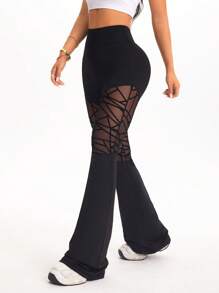 SHEIN Sports Solid Color High Waisted Flared Leg Sports Pants With Mesh Patchwork - Black - View 6