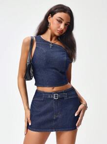 Jeanoix 女士不对称肩部短款牛仔上衣 - 深色水洗藍 - 查看 7