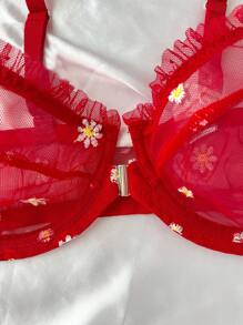 SHEIN Esselle 2 件套加大码浪漫刺绣钢圈性感内衣套装，提拉 - 紅色 - 查看 4