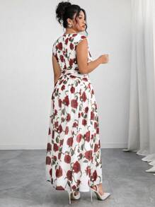 Modelyn Plus Size Women Floral Print Waist Crossed Elegant Dress - Multicolor - View 2