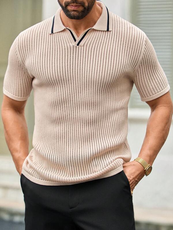 HIMLAND Pulover bărbătesc casual cu guler polo, dungi verticale, tricotat, mânecă scurtă, design casual