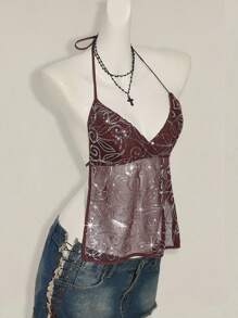 SHEIN ICON Women's Sexy Y2K Sequin Mesh Open Back Halter Neck Top - Coffee Brown - View 10