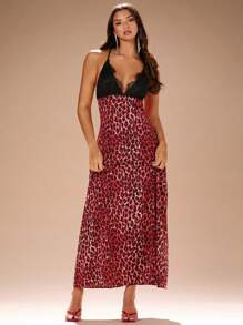 Glamine Rochie cu decolteu în V adânc din dantelă și imprimeu leopard, fără spate, vară - Multicolor - Vizualizare 1