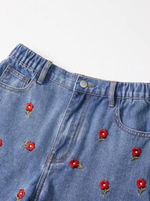 Teens Girls Blue Denim Shorts,Cute Summer Floral Embroidery Mid-Waist Loose Straight Leg Streetwear,Back-To-School Sweet 16 Y2K Vintage Ripped Jeans - Medium Wash - View 5