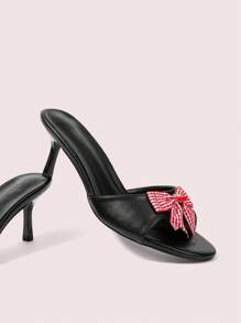 CUCCOO DOLLMOD Black PU + Red & White Plaid Bow Cherry Detail Stylish Cute Slip-On Closed Toe High Heel Sandals
