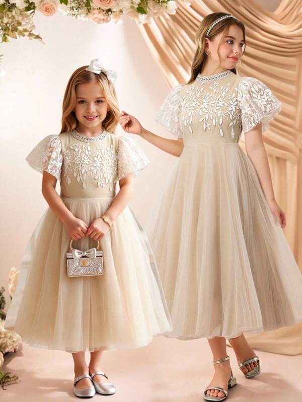Young Girls' Simple White Short Sleeve Dress Kids Elegant Dress Girls Party Dress Girls Maxi Dress Girls Lace Dress Flower Girl Dress Little Girls Party Dress