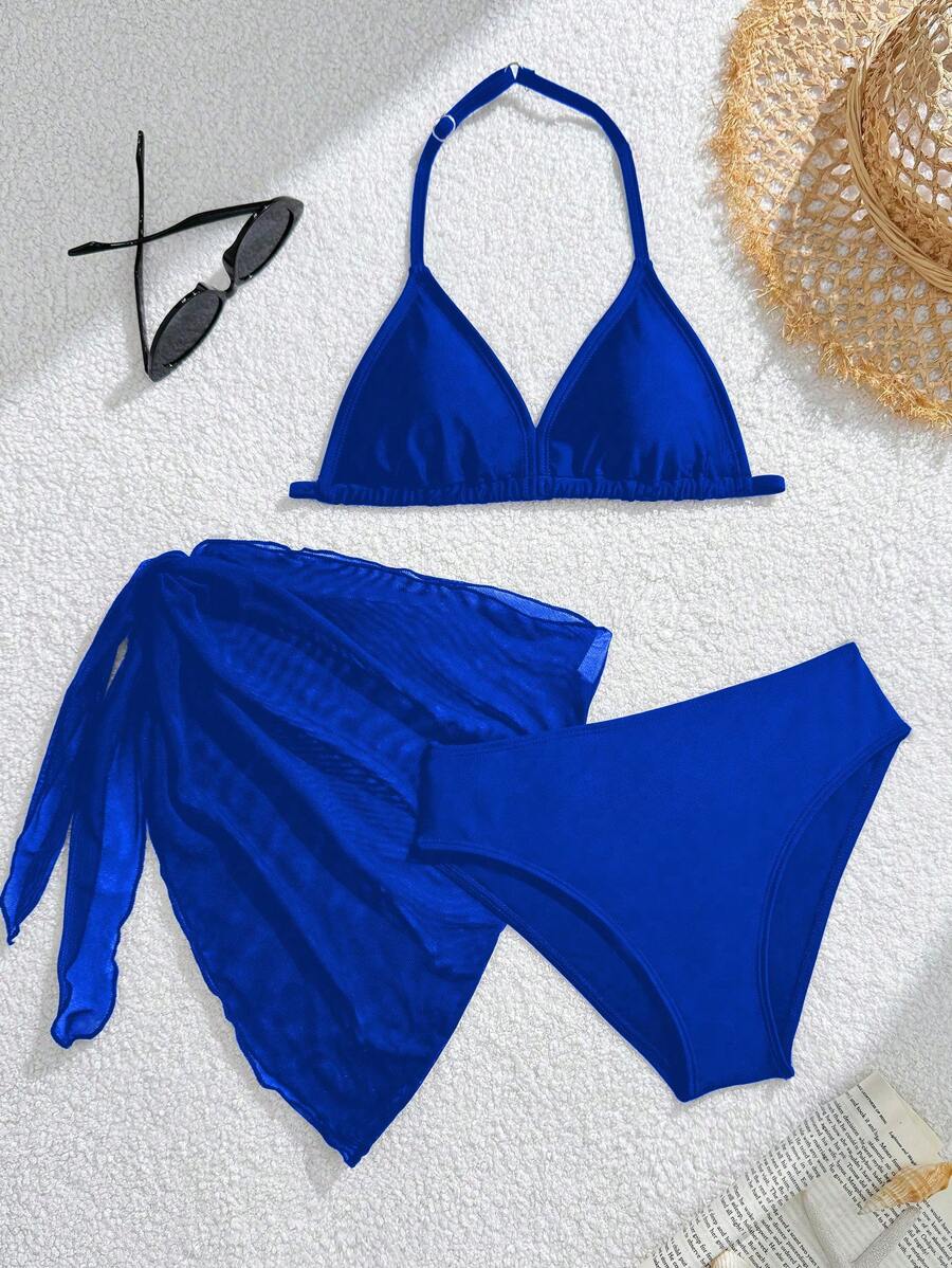 SHEIN 3pcs Girls Black Series Swimsuit Set, Beach Holiday Party, Spring/Summer Bathing Suit Set Two Pieces Set - Blue - View 1