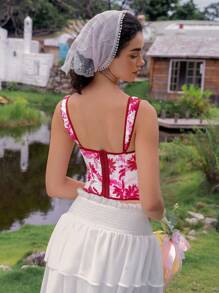 SHEIN 1pc Women Floral Print Eyelet Lace-Up Tank Top, Shapewear - Red and White - View 2