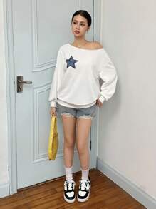 SHEIN 少女休闲舒适不对称领星形印花长袖卫衣 - 白色 - 查看 6