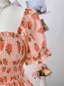 Flirla Plus Size Rhinestone Shirred Patchwork Strawberry Print Shirred Summer Short Sleeve Women Dress - Multicolor - View 3