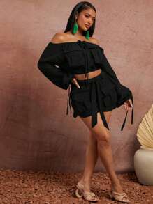 SHEIN SXY Quần short Cargo màu trơn thường ngày cỡ lớn dành cho nữ, Quần short Cargo màu đen mùa hè dành cho nữ - màu đen - Xem 7