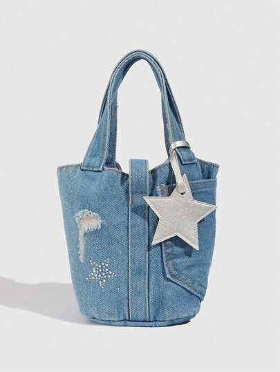 Grunge Punk 1 Stück Lässiger, minimalistischer Strass Stern Dekor, PU Stern Anhänger Handtasche, Accessoire Tragetasche für den Ausgang