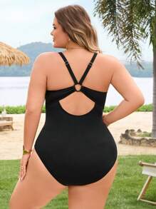 SHEIN CURVE+ Plus Size Women's One-Piece Swimsuit, Solid Color Swimming Costume For Summer Vacation - Black - View 2