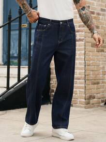 Manfinity Homme 男士休闲百搭口袋装饰阔腿牛仔裤 - 深色水洗藍 - 查看 7