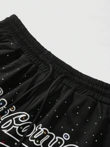 ROMWE MEN Street Life Men's Black Casual Shorts With Street Chic American Style Sparkling Letter Printed - Black - View 5
