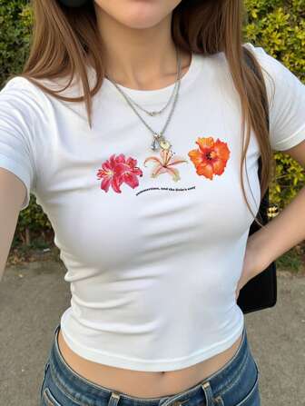 Lunelith SHEIN Lunessa Camiseta corta de verano de mujer con estampado de flor de hibisco, estilo Y2K con abdomen descubierto, de manga corta, blanca, tipo baby camiseta