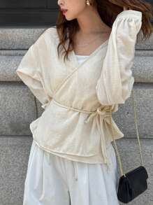 FRIFUL 女式夏季系带褶饰休闲衬衫上衣，适合商务和休闲长袖上衣 - 黃色 - 查看 5