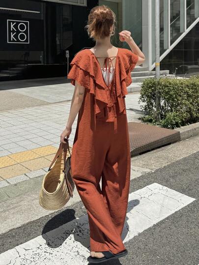 FRIFUL 女士橙色连体裤，V领系带，夏季度假装