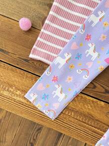 SHEIN Playful Pals 5pcs Baby Girls' Casual Daily Basics Rainbow Floral & Stripe Print Bottoms, Spring/Summer - Purple - View 4