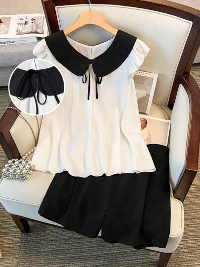 GlowEve CURVE 2 件大码女士夏季蝴蝶结系带圆领盖袖上衣和短裤套装，简约、青春、优雅，适合度假和外出
