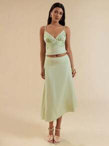 SHEIN BAE Elegant Rhinestone-Studded Camisole And Skirt Set, Summer - Green - View 8