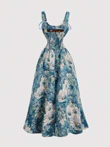 SHEIN MOD 法式浪漫花卉印花蝴蝶结装饰无袖连衣裙