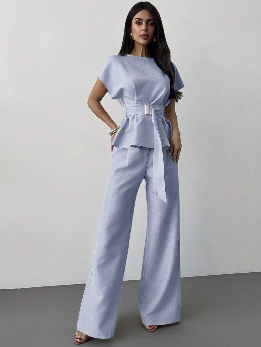 Firerie 春夏新款优雅极简杏色亚麻竹节结立领收腰衬衫&高腰直筒阔腿裤通勤套装，亚麻日常通勤套装，度假套装 - 藍色 - 查看 1