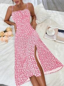 Breezaya In hoa Ditsy Nút phía trước Tách đùi Váy Dây - Hồng - Xem 1