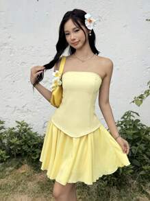 SHEIN 少女休闲简约舒适不对称后背吊带背心和裙子套装 - 黃色 - 查看 4