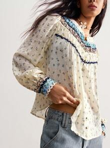 Bohemela Boho Country Vacation Casual Woven Print Long Sleeve Loose Women Blouse