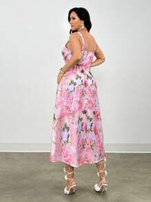 Firerie 浪漫花卉印花吊带连衣裙，腰部有褶，优雅适合情人节、音乐会、演出、约会、正式场合、婚礼、性感、时尚、工作、返校、度假、海滩